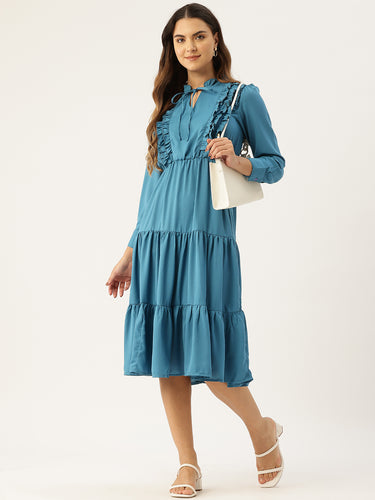 Tie-Up Neck Puff Sleeve Ruffled Fit & Flare Midi Dress